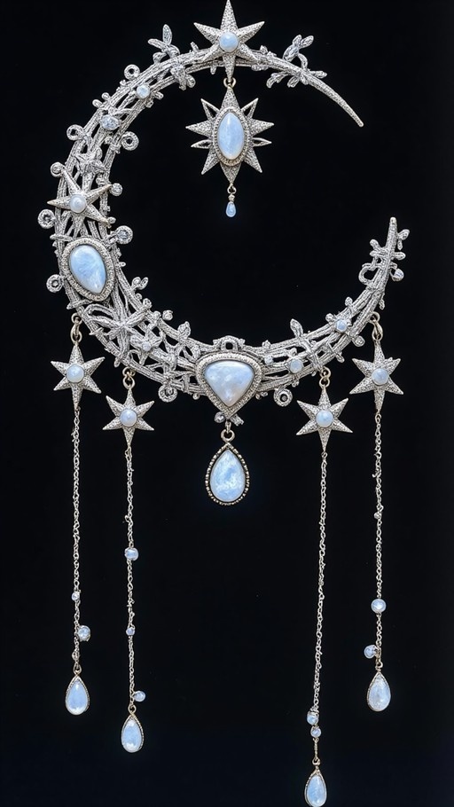 An intricate silver necklace featuring a large crescent moon shape with filigree details, adorned with star pendants and hanging teardrop blue gemstones against a black background.