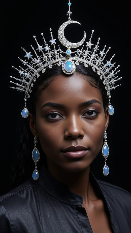 A realistic portrait of a dark-skinned woman wearing an elaborate silver crown with stars and a crescent moon pendant, set against a black background.