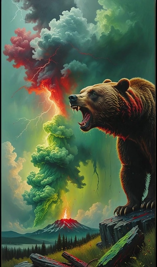 A brown bear roars with its mouth wide open while standing on a rocky ledge in front of an erupting volcano with green and red smoke clouds and lightning.