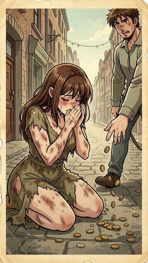 A crying woman in a torn green dress kneels on a cobblestone street while a standing man drops gold coins near her feet.