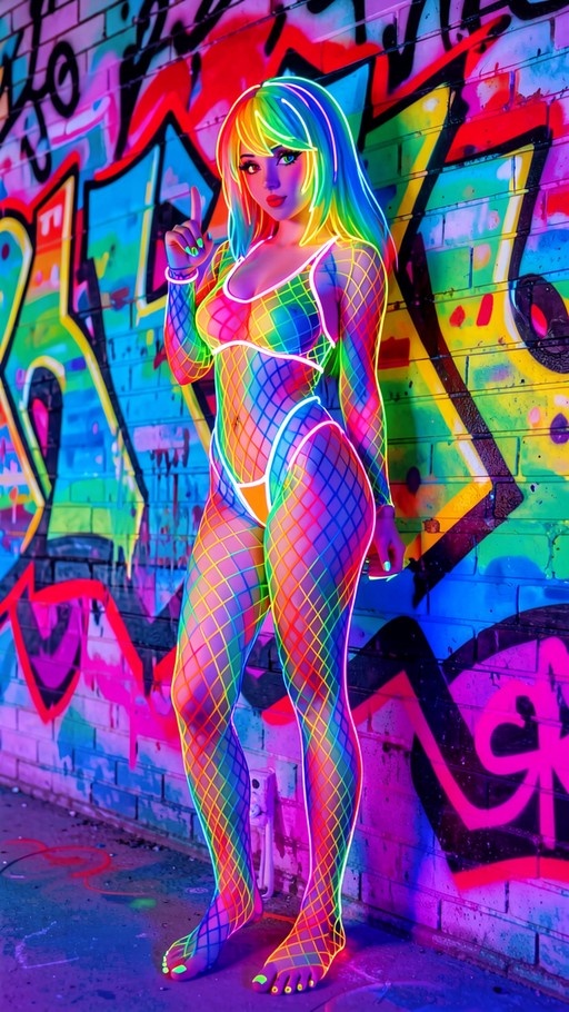 A woman with long rainbow hair wearing a neon fishnet bodysuit stands barefoot against a colorful graffiti wall, raising one finger.