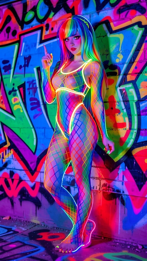 A woman with long rainbow hair wearing a glowing neon-trimmed fishnet bodysuit stands barefoot against a colorful graffiti wall, pointing one finger up.
