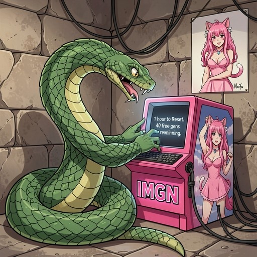 A green snake with human hands uses a pink IMGN machine showing "1 hour to Reset" while posters of a pink-haired cat girl hang on the stone wall.