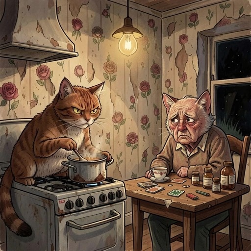 An orange cat stirs a pot on the stove while an old sad cat sits at a table with medicine bottles in a dimly lit kitchen.
