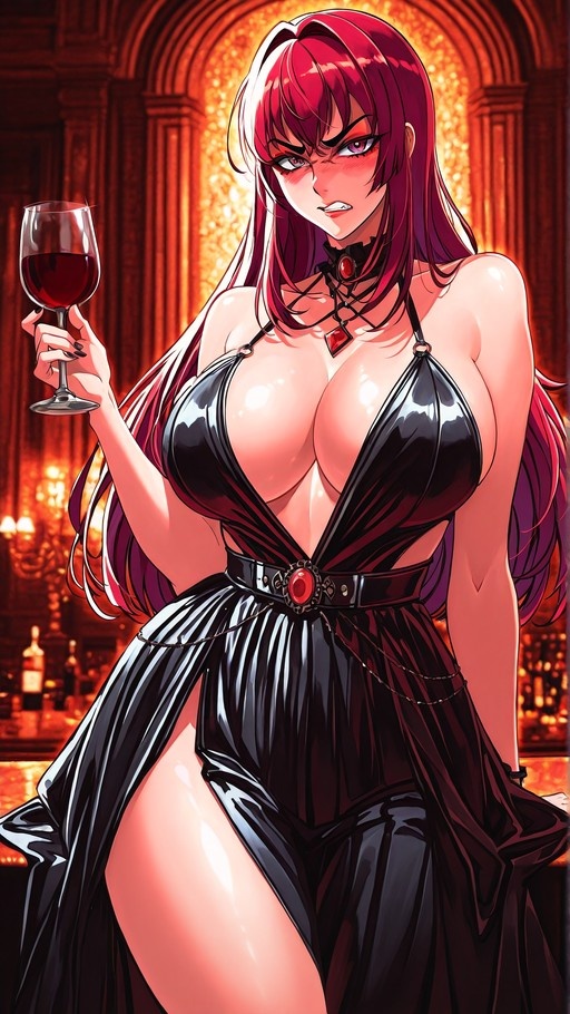 A red-haired anime woman with an angry blush holds a glass of red wine while wearing a shiny black halter-neck dress in a dimly lit room.
