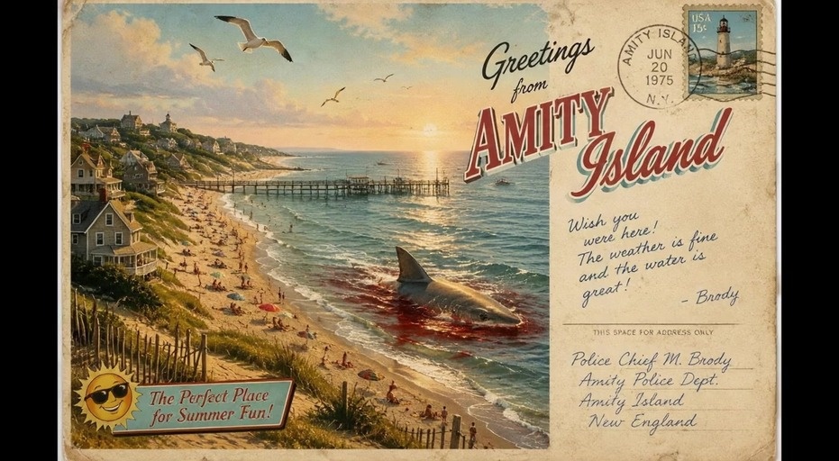 A vintage postcard of Amity Island transitions into an animated scene of a great white shark swimming near a crowded beach at sunset.