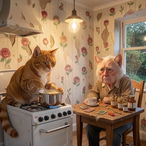 An orange tabby cat stands on a stove stirring a pot while an elderly man with cat ears sits at a table nearby.