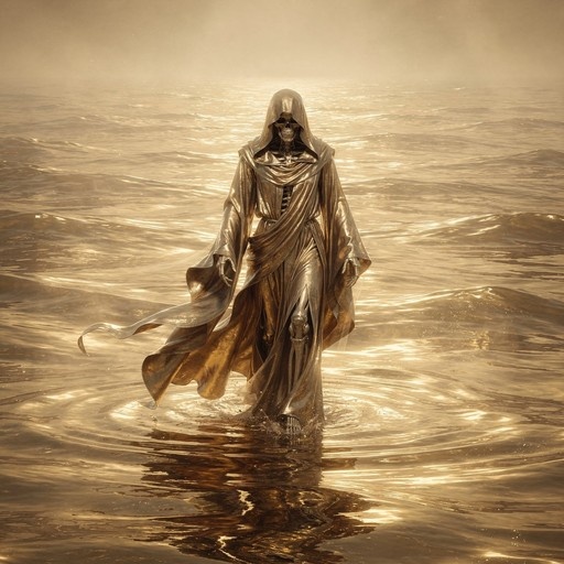 A skeletal figure wearing a long, flowing hooded cloak walks through rippling water in a sepia-toned landscape.