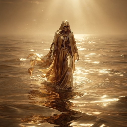 A skeletal figure wearing a golden hooded robe walks through shallow water with sunlight reflecting off the surface.
