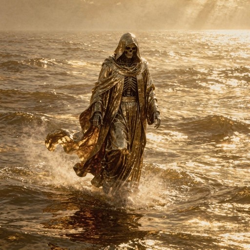 A skeletal figure in a flowing golden hooded cloak walks through choppy ocean water under bright sunlight.