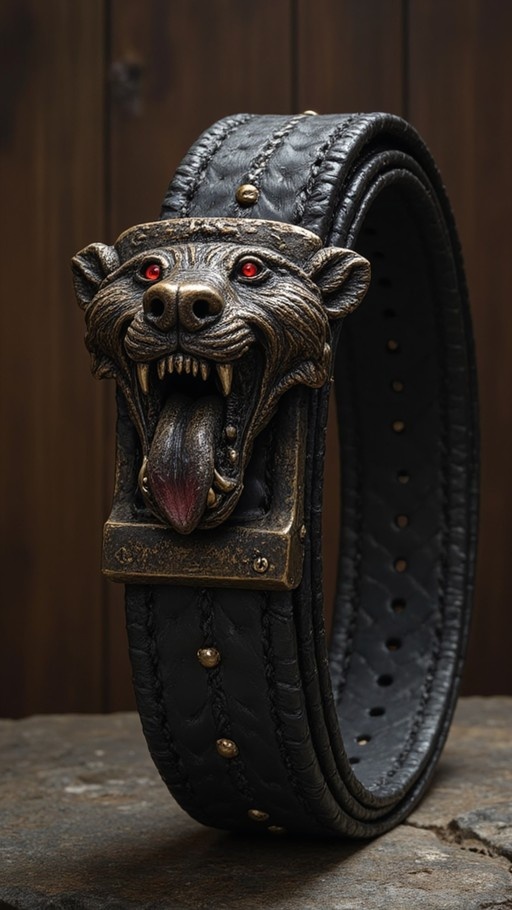 A black leather belt with a large bronze buckle shaped like a snarling animal head featuring glowing red eyes and its tongue hanging out.