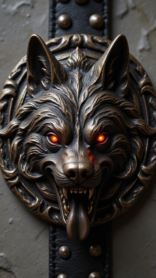 A close-up of a fierce bronze wolf head door knocker with glowing orange eyes and sharp teeth mounted on a leather strap.
