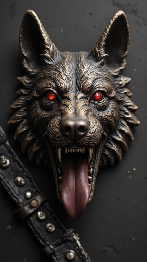 A realistic bronze wolf head mask with glowing red eyes and fangs, tongue hanging out, next to a studded leather collar on a dark surface.
