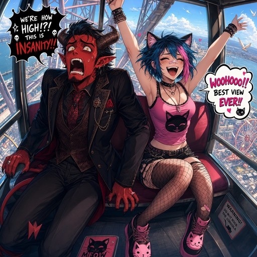 A terrified red-skinned demon in a black suit screams while sitting next to an excited blue-haired cat girl on a Ferris wheel gondola.