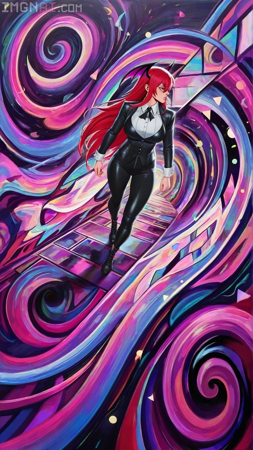 A red-haired demon girl with horns and bat wings walks through a colorful psychedelic tunnel while wearing a black suit.