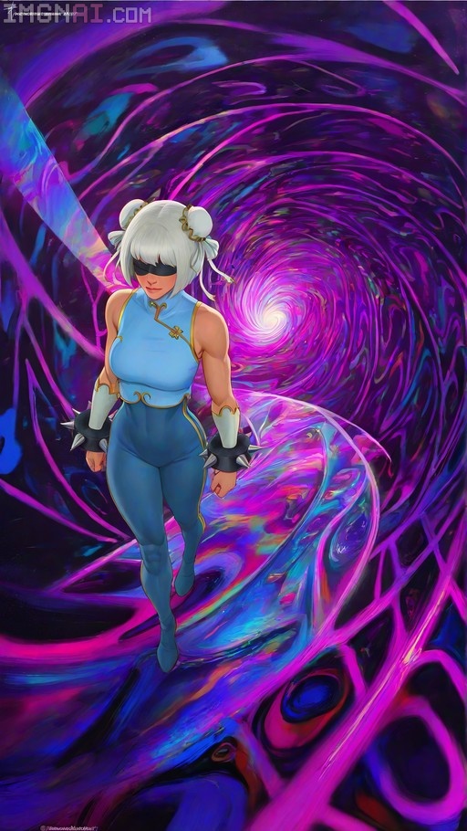 A blindfolded white-haired woman in a blue qipao and spiked wrist cuffs walks through a swirling purple psychedelic tunnel.