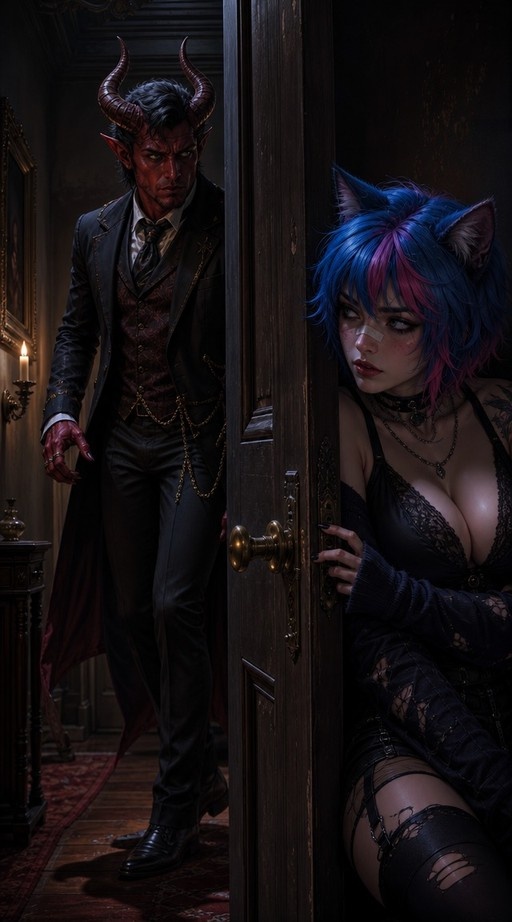 A red-skinned demon with large curved horns in a formal suit stands behind an open door while a blue-haired cat-girl with a bandage on her nose peeks out from the other side.
