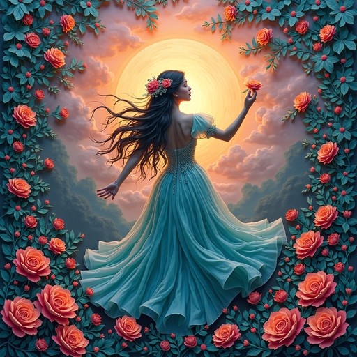 A woman in a flowing blue backless dress holds a single rose against a glowing sun, framed by a lush border of roses and greenery.
