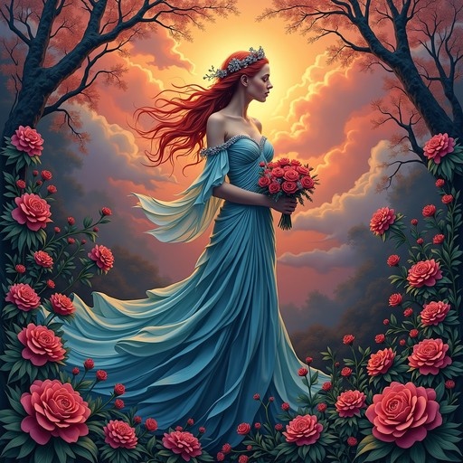 A red-haired woman in a flowing blue gown holds a bouquet of red roses while standing among blooming flowers under a sunset sky.