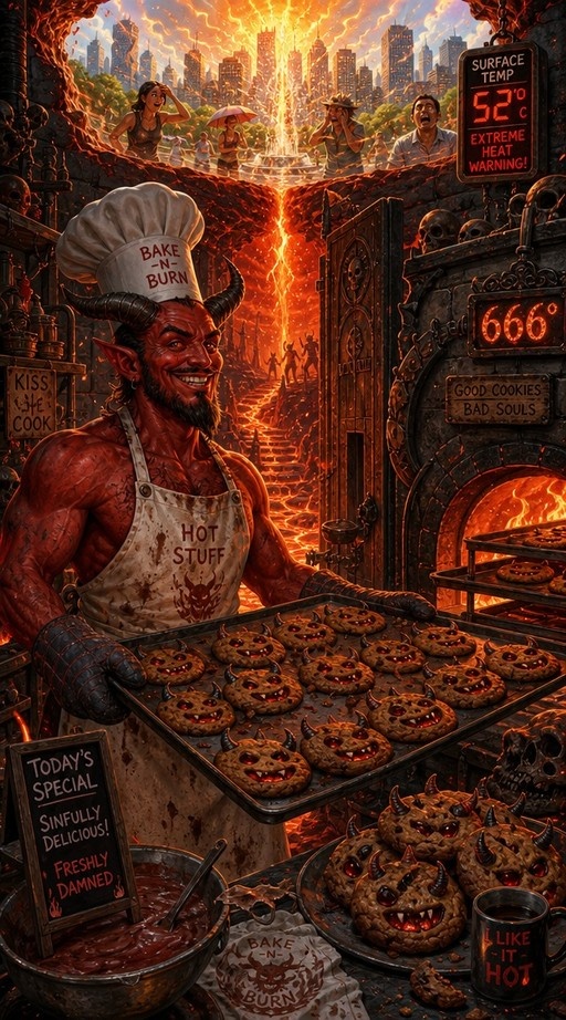 A muscular red-skinned demon with black horns and a beard wearing a white chef's hat and apron holds a tray of cookies shaped like little demons in a fiery bakery setting with lava in the background.