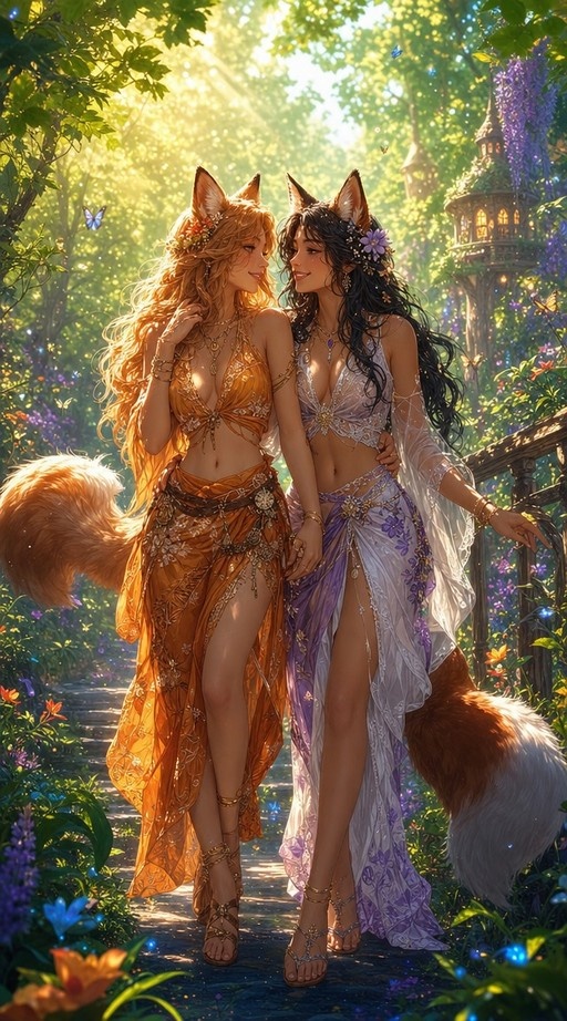 Two fox girls with large tails hold hands and gaze at each other while walking through a sunlit magical garden filled with flowers and butterflies.