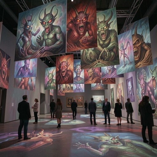 A view of a modern art gallery filled with large hanging paintings of horned demons and monsters, with visitors in suits looking at the display and projected images on the floor.