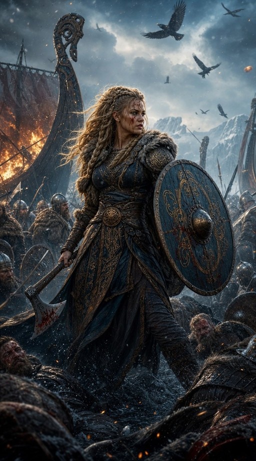 A blonde female Viking warrior in detailed armor holds a round shield and a bloodied axe while standing among fallen enemies on a battlefield with a burning longship in the background.