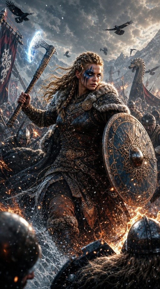 A blonde female Viking warrior in fur armor holding an axe and shield amidst a battle scene with crows and mountains.