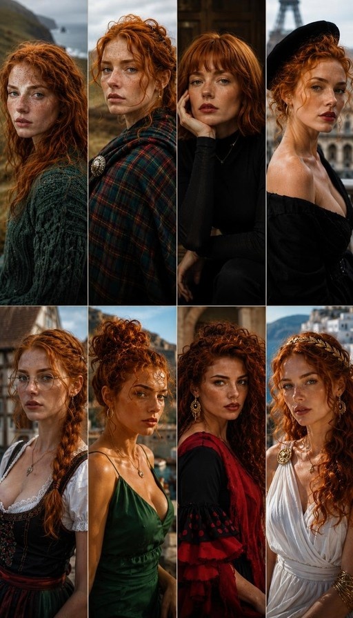 A grid of eight portraits showing a freckled woman with long red hair in various outfits, including a green sweater, plaid shawl, black dress with beret, white Greek toga, and red flamenco-style dress.