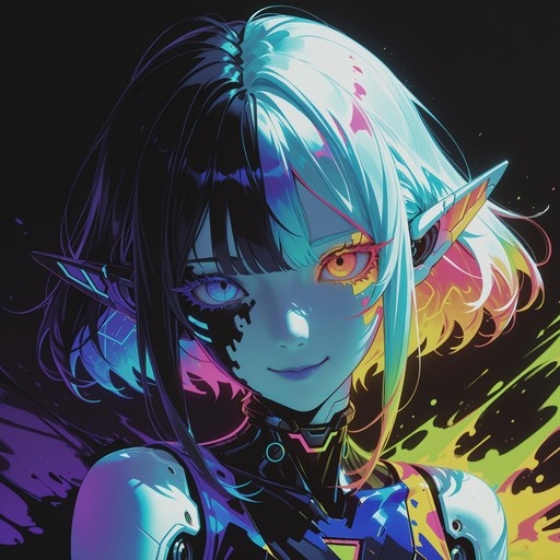 Close-up portrait of a cybernetic elf girl with pointed ears, split black and cyan hair, and heterochromia featuring one blue eye and one orange eye, set against a dark background with neon paint splatters.