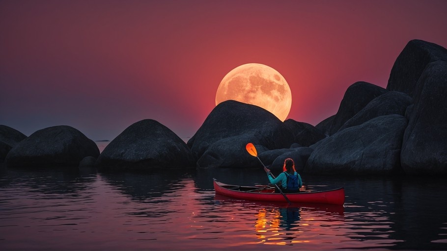 A woman in a red canoe paddles past dark rocks under a giant glowing full moon in a pink twilight sky.