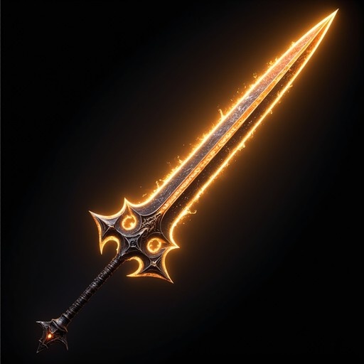 A large, ornate fantasy sword with a glowing orange blade and intricate guard design against a black background.