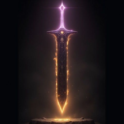 A vertical digital illustration of an ornate dark sword standing in a rock, glowing with purple light at the hilt and orange fire along the blade.