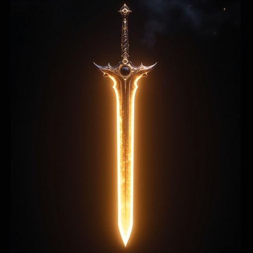 A vertical digital illustration of a glowing golden fantasy sword with an ornate hilt against a black background.