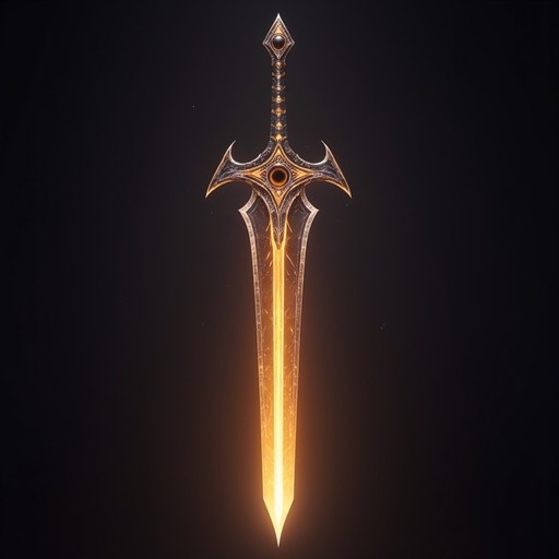 An ornate fantasy sword with a glowing golden blade and intricate dark metal hilt stands vertically against a black background.