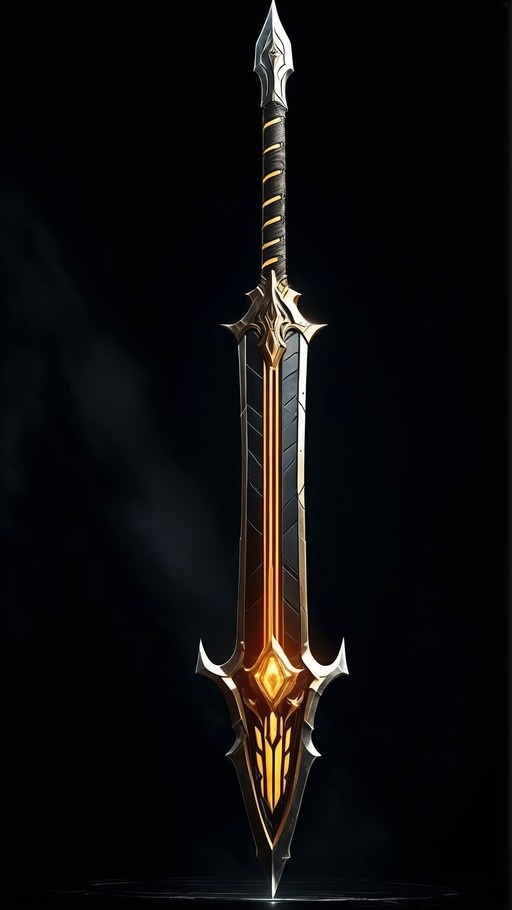 A vertical fantasy sword featuring a glowing orange energy core and ornate gold details against a black background.