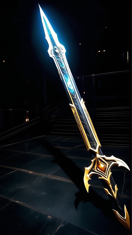 A large fantasy sword with a glowing blue blade and ornate golden hilt featuring an orange gem rests on a dark tiled floor near stairs.