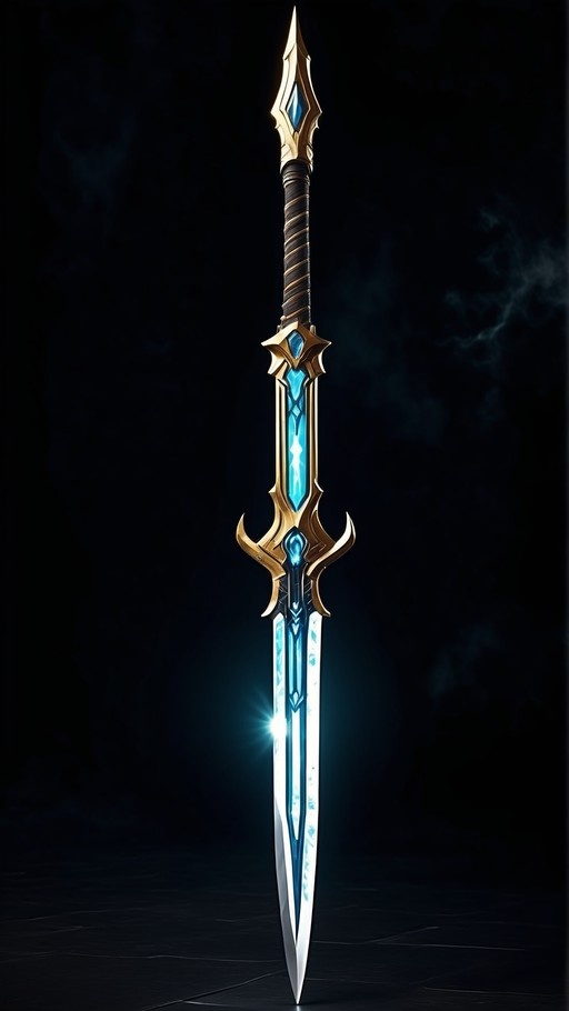 A vertical fantasy longsword standing upright on a tiled floor against a black background, featuring a silver blade with a glowing blue core and an ornate gold hilt with blue gems.