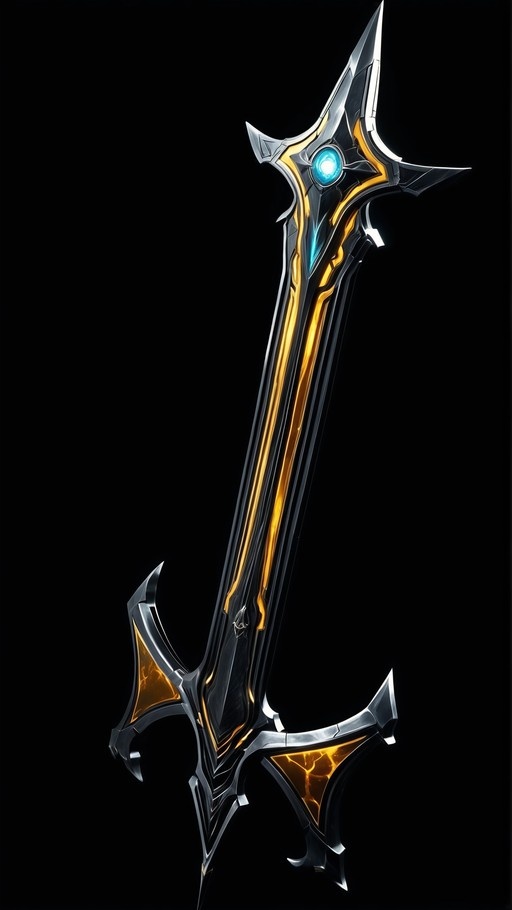 A vertical digital illustration of an ornate fantasy greatsword with a black and silver blade featuring glowing orange veins and a bright blue gem in the crossguard against a black background.