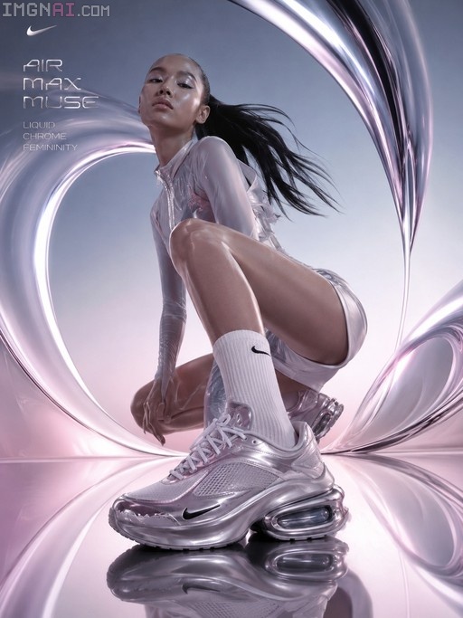 A dark-skinned woman crouching in a reflective liquid chrome environment wearing metallic silver Nike Air Max sneakers and a translucent white outfit.