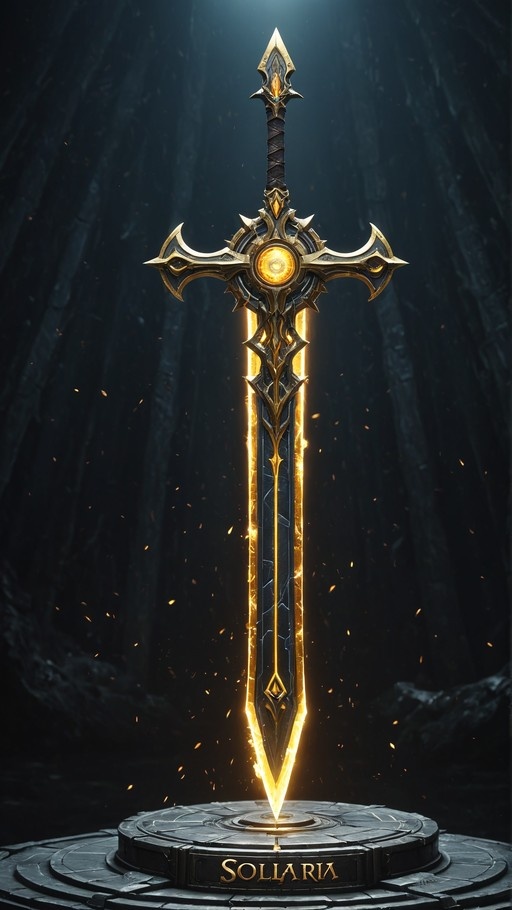 A vertical digital painting of an ornate fantasy sword with a glowing golden blade standing on a stone pedestal labeled "SOLLARIA".