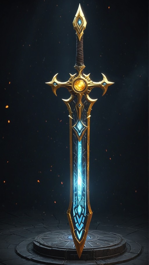 A vertical digital illustration of an ornate fantasy sword with a glowing blue blade and gold hilt standing on a stone pedestal surrounded by floating embers.