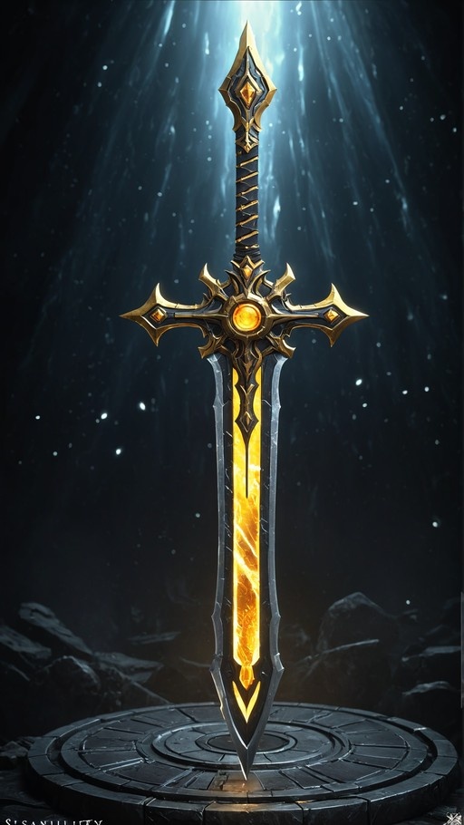 A vertical digital illustration of a large ornate sword with a glowing yellow core and gold accents standing upright in a circular stone base under beams of light.