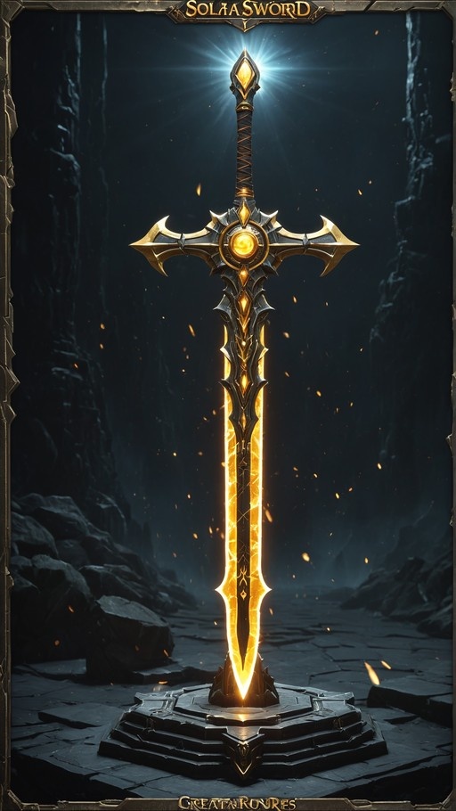 A vertical digital illustration of the Solaa Sword, a large fantasy blade with a glowing orange center and intricate gold detailing on the hilt, standing upright in a stone base amidst floating embers in a dark cavern setting.