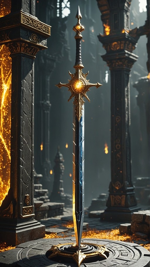 A large fantasy sword with an intricate gold sunburst crossguard and a glowing center stands upright in a circular stone base inside a dark hall with pillars and floating fire sparks.