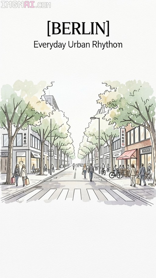 A watercolor-style digital illustration of a tree-lined Berlin street with pedestrians walking past shops and cafes, crossing at a crosswalk, under the title "[BERLIN] Everyday Urban Rhythm".