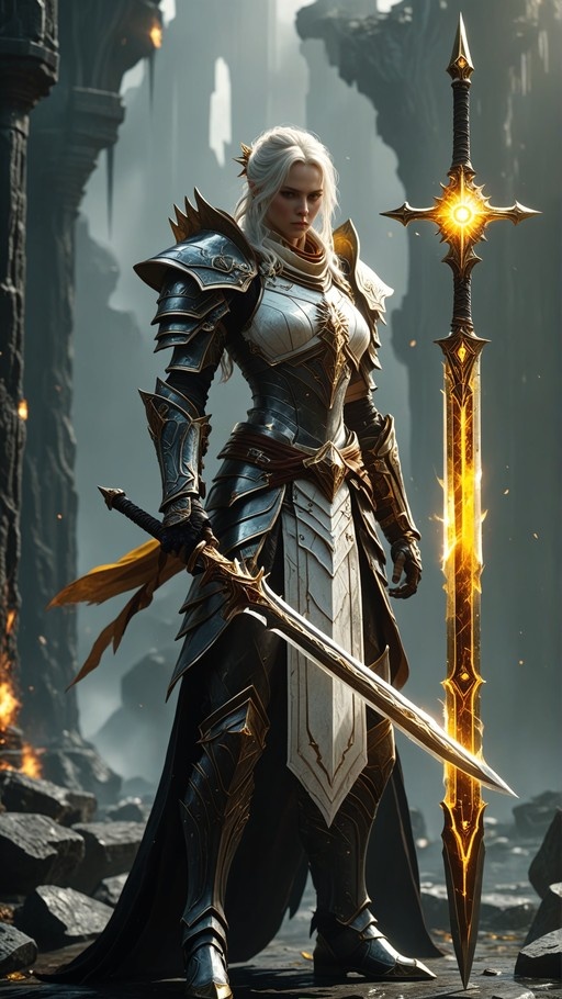 Full-body digital illustration of a white-haired fantasy warrior in ornate dark and gold armor standing in stone ruins, holding a sword with a large glowing golden blade upright beside her.