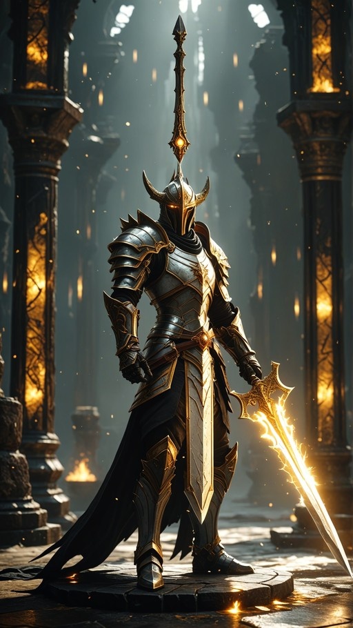 A fantasy knight in black and gold plate armor with a horned helmet stands holding a large glowing golden sword in a stone hall.