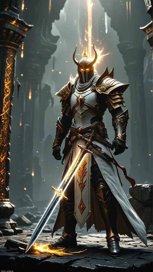 A full-body shot of a fantasy knight in white and gold armor with a horned helmet and glowing orange eyes, standing in dark ruins while holding a large glowing sword planted on the ground.