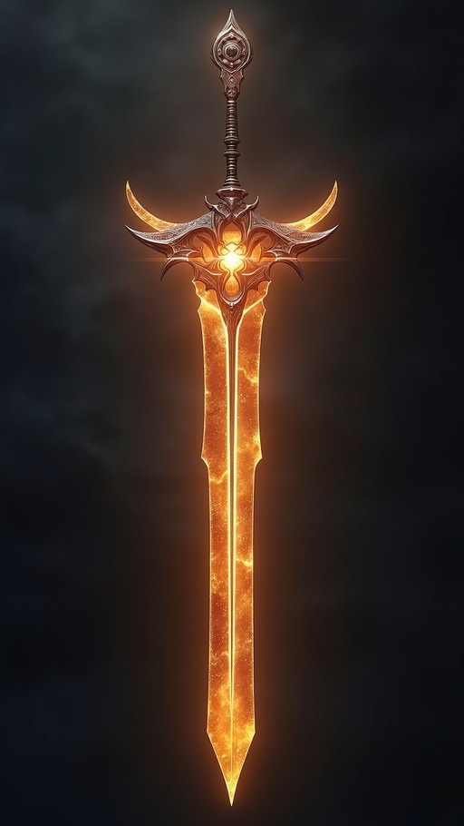 A vertical digital illustration of a large fantasy sword with a glowing orange blade and an ornate dark metal hilt against a black background.